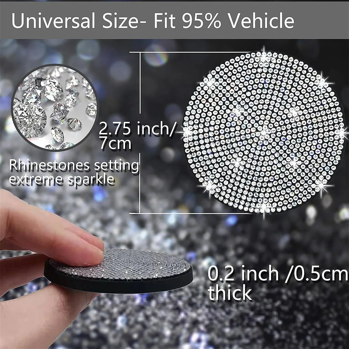 A close-up view of a round, black imitation diamond car cup coaster with a sparkling surface and a hand holding it.