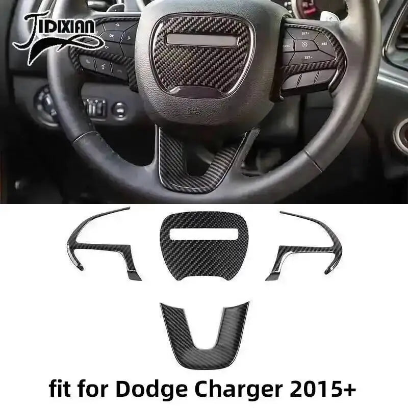 Carbon fiber interior decoration kit for Dodge Charger featuring steering wheel accents and trim pieces.