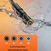 A black industrial endoscope probe is shown being used, with water splashing around it, and a panel displaying eight adjustab