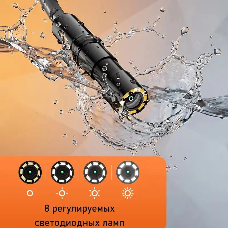 A black industrial endoscope probe is shown being used, with water splashing around it, and a panel displaying eight adjustab