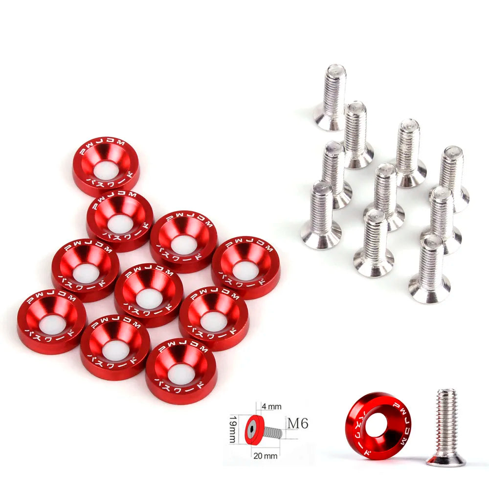 A set of red aluminum fender fasteners and a single M6 screw are displayed on a white background.