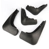 A set of black universal mud flaps for car wheel protection, shown in various angles.