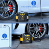 A portable air compressor with a 12V cigarette lighter adapter and a 120VAC plug is shown next to a car wheel.