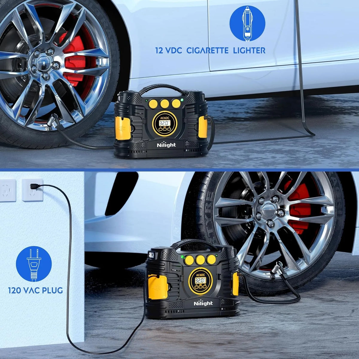 A portable air compressor with a 12V cigarette lighter adapter and a 120VAC plug is shown next to a car wheel.