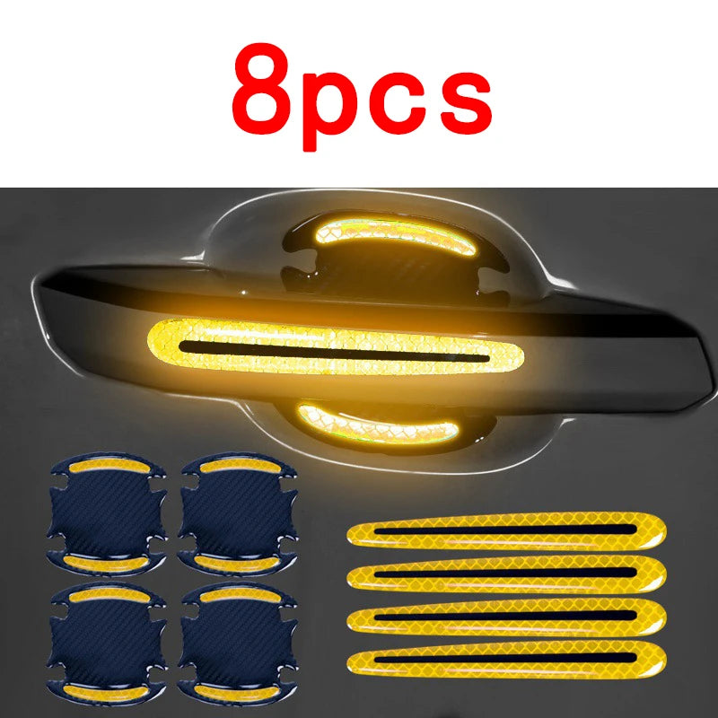 Eight reflective yellow and blue stickers designed to protect car door handles.