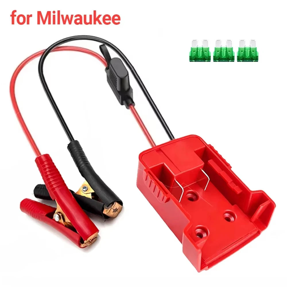A red battery jumper clamp with black wires and connectors for Milwaukee tools.