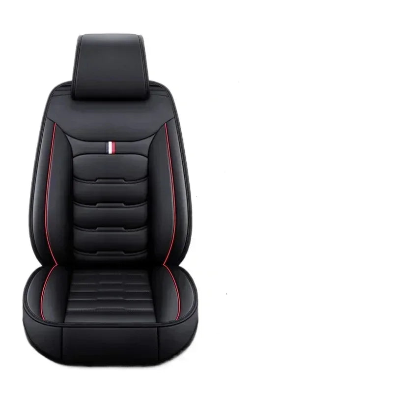 Black PU leather car seat covers for an SUV or car interior with red stitching and a logo detail