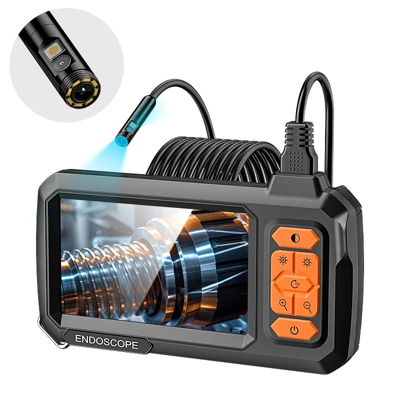 A black industrial endoscope probe device with a lens and flexible cable is shown next to an inset view of the scope tip.