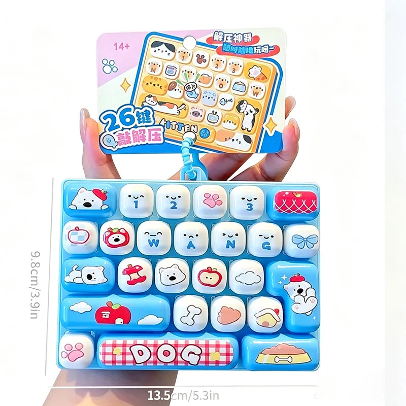 A set of blue cartoon keycap stress relief buttons featuring various animal and food designs.