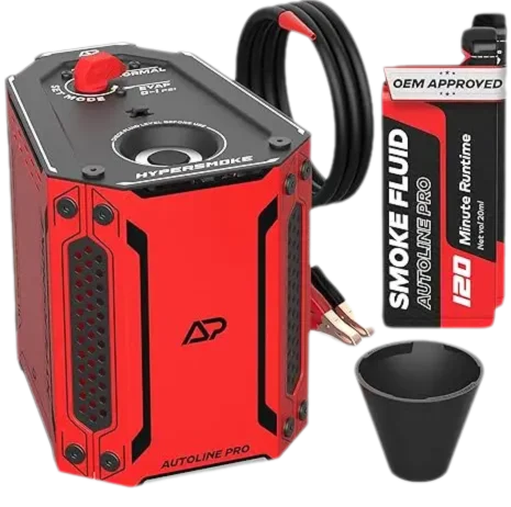 A red professional automotive leak testing smoke machine with a black hose and a black cup.