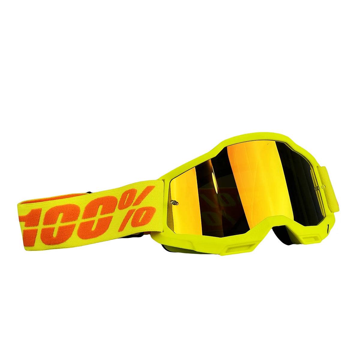 Ein Paar leuchtend gelbe Fahrrad- oder Skygoggles mit orangefarbener 100%-Beschriftung.