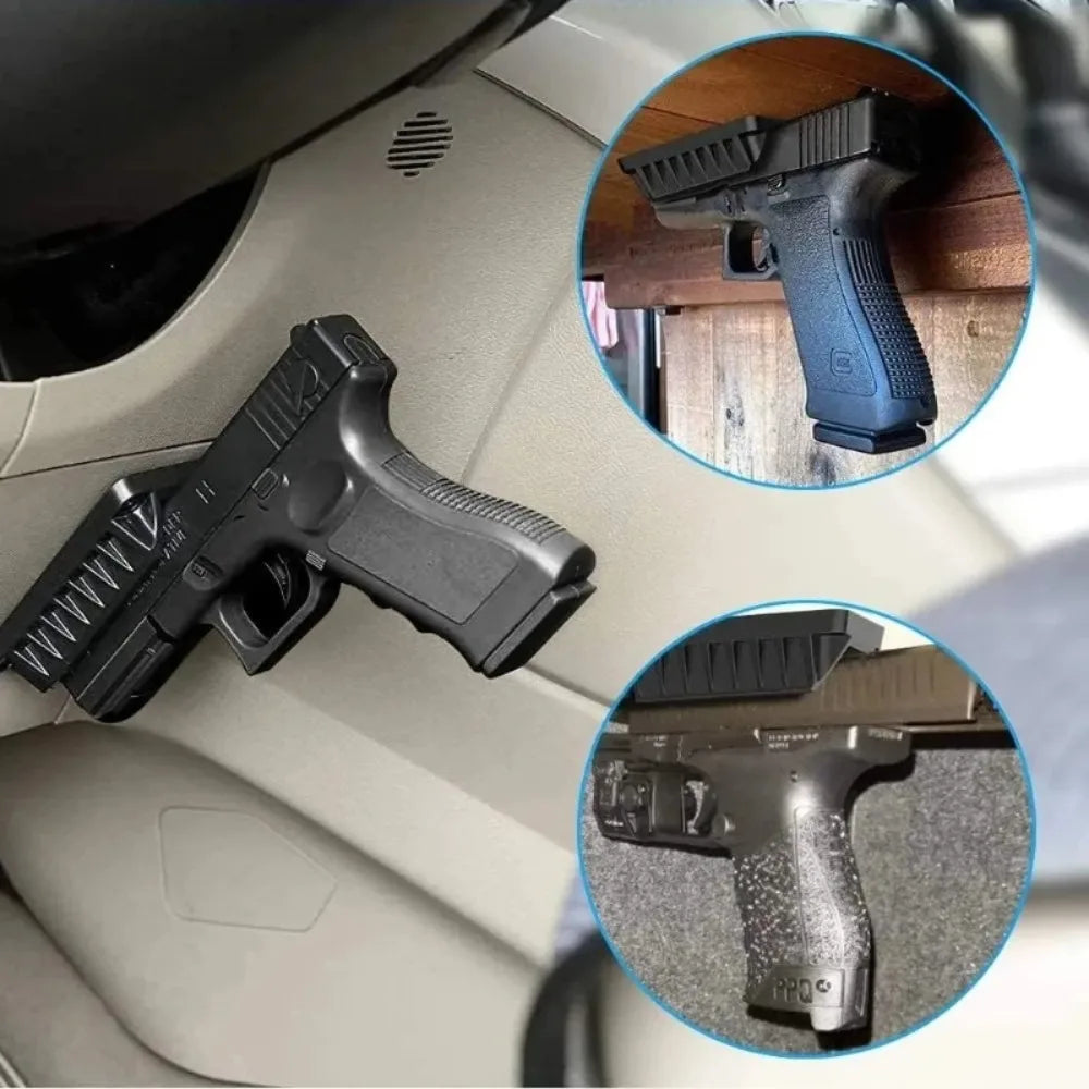 Gros plan d'un pistolet noir avec un support magnétique et un support portable pour arme pour un stockage sécurisé.