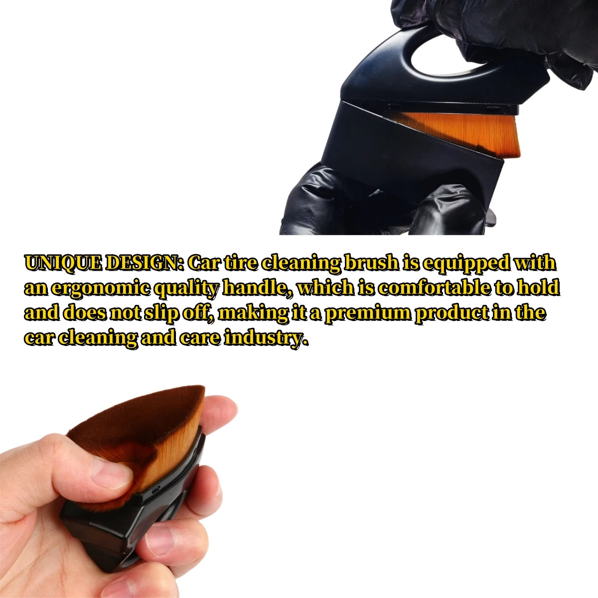 Eine Hand hält eine schwarze und hölzerne Autoreifenreinigungsbürste mit ergonomischem Griff.