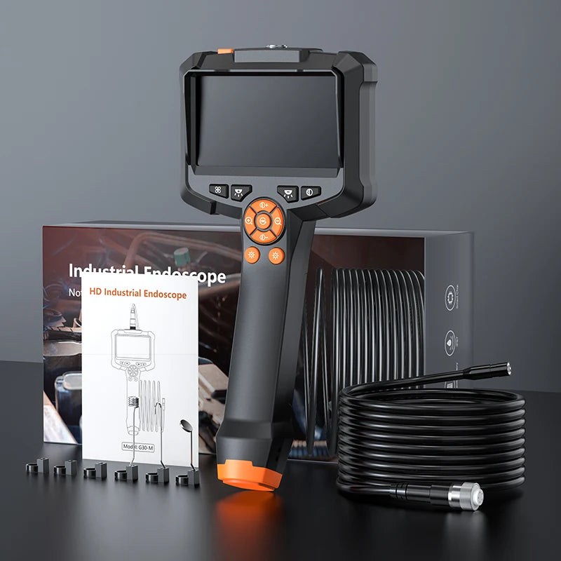 A black industrial endoscopic camera with a display and connector is shown next to its cable.