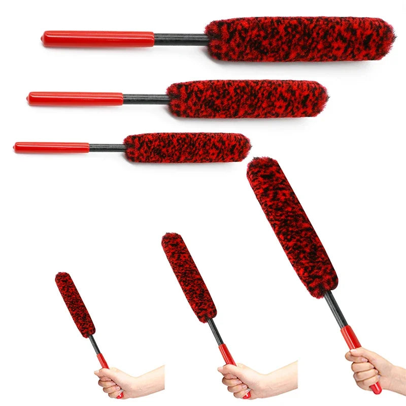 Three red and black wool cleaning brushes for auto and motorcycle detailing shown in various angles.