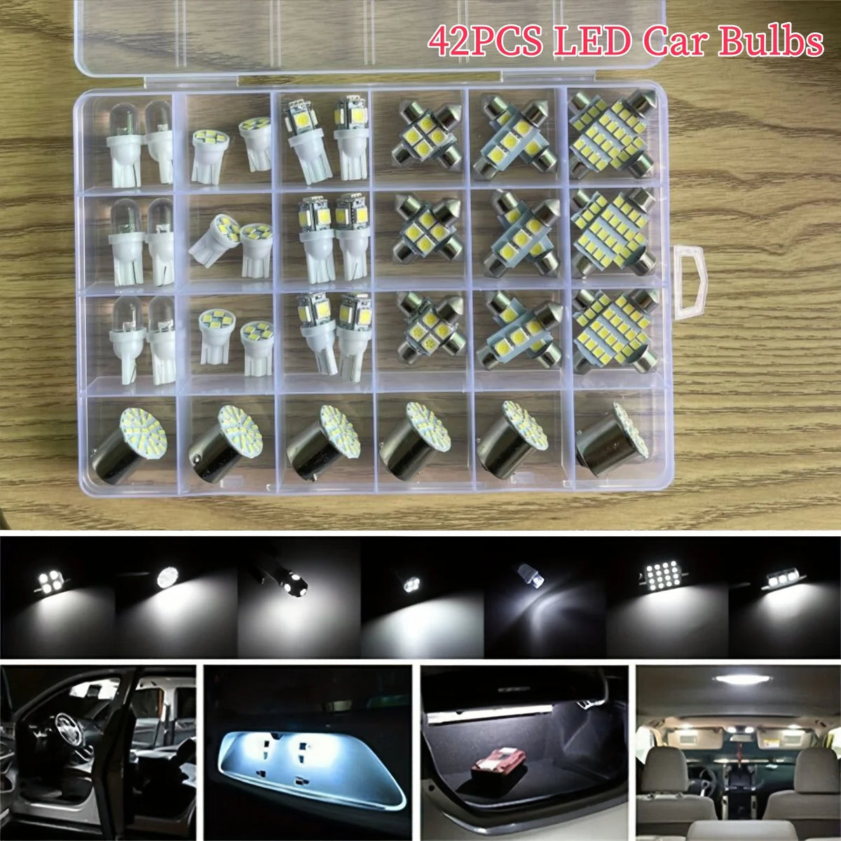 Un contenant en plastique transparent contient 42 ampoules LED haute performance pour éclairage intérieur de voiture.