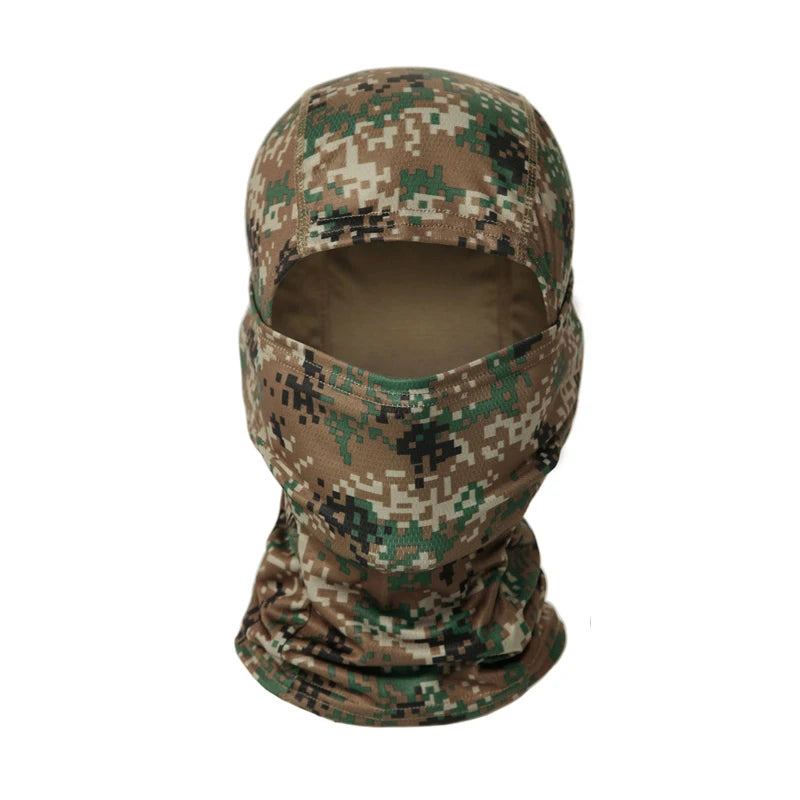 A camouflage balaclava cap in green and brown patterns worn on a head.