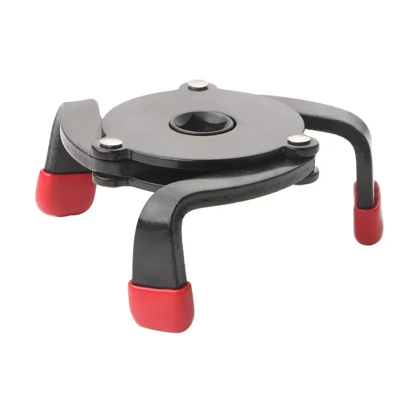A black and red universal 3-jaw oil filter removal tool with a circular body and two curved arms.