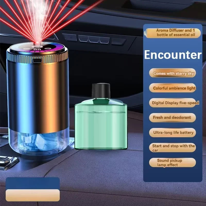 A multi-scent rechargeable air diffuser with a glass bottle and colorful light display sitting on a car interior surface.