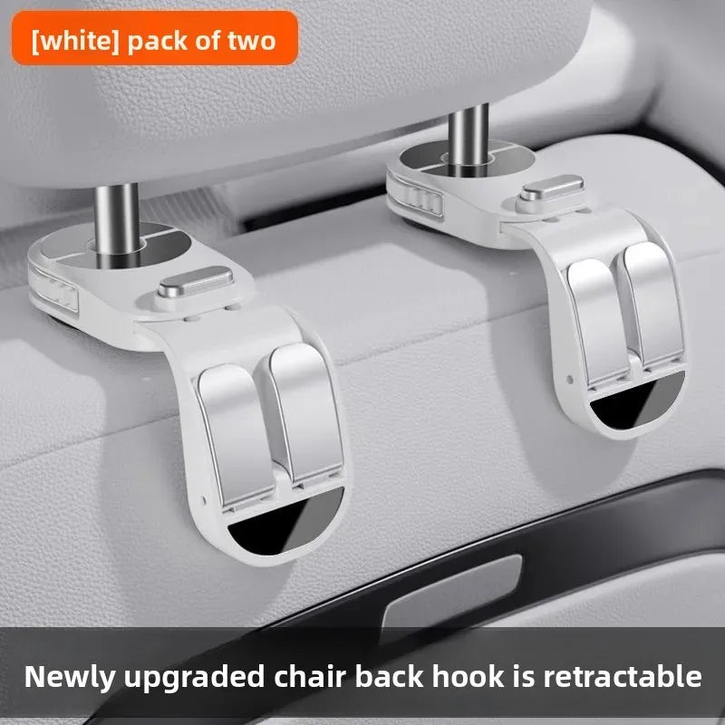 White pack of two retractable chair back hooks for car seat organizers