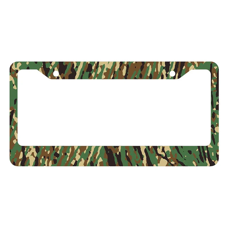 A rectangular license plate cover with a camouflage pattern featuring greens, browns, and tans.
