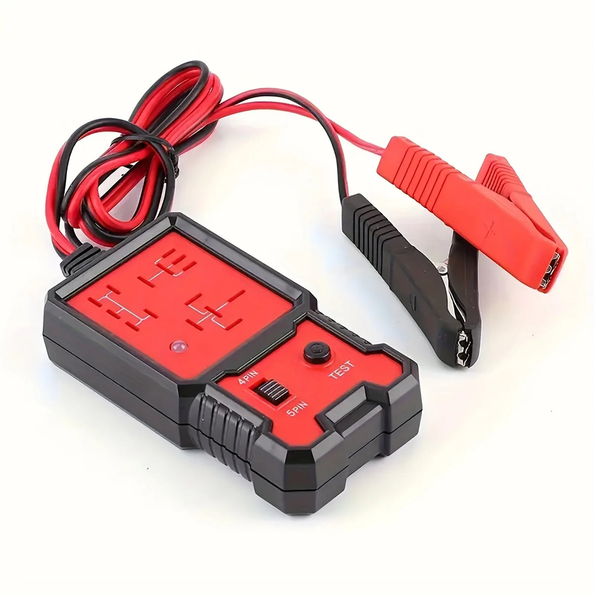 A red and black universal automotive relay tester with a red probe and cable.