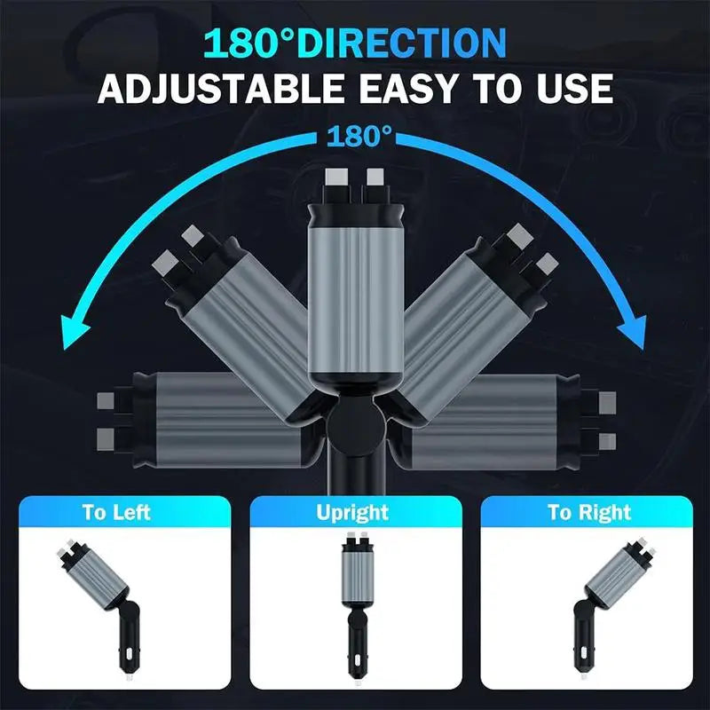 A retractable car charger with a built-in cable and starry lights shown in three directional settings.