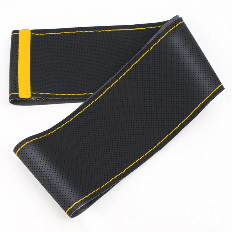 Black and yellow universal car steering wheel cover shown diagonally.