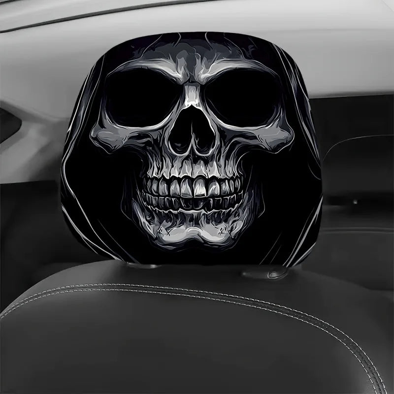 A black and white portrait print skull design on a car headrest cover.