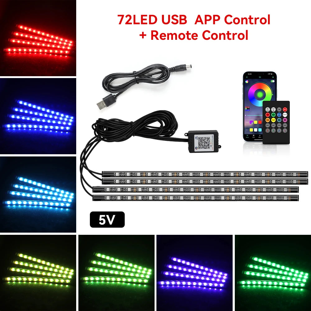 A set of 72 LED strips with remote control and USB app control, showing various colors including red, blue, green, and purple