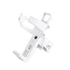 White rotatable bicycle water bottle cage for securing bottles on a bike frame.