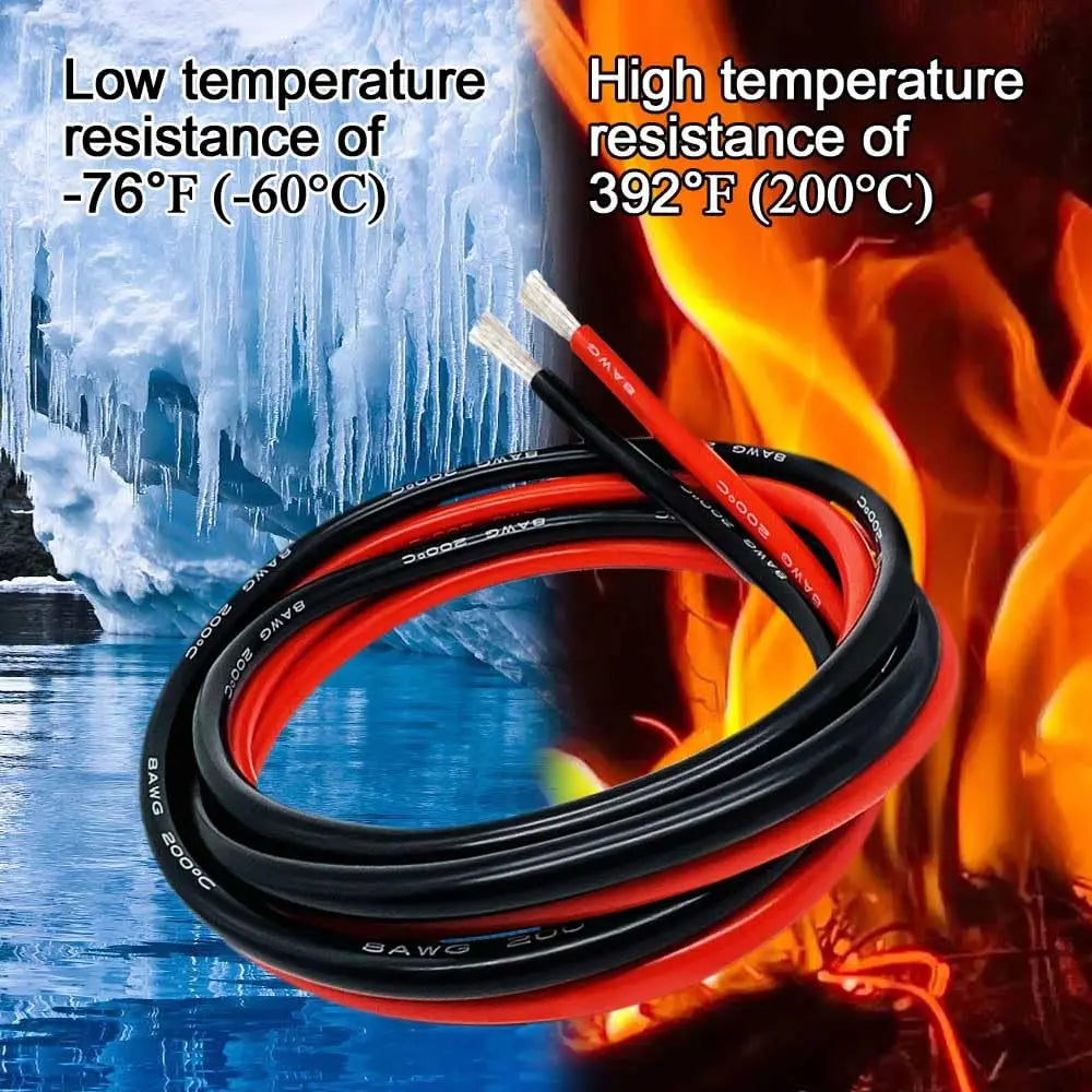 Black and red jumper cables shown with text indicating low and high temperature resistance.