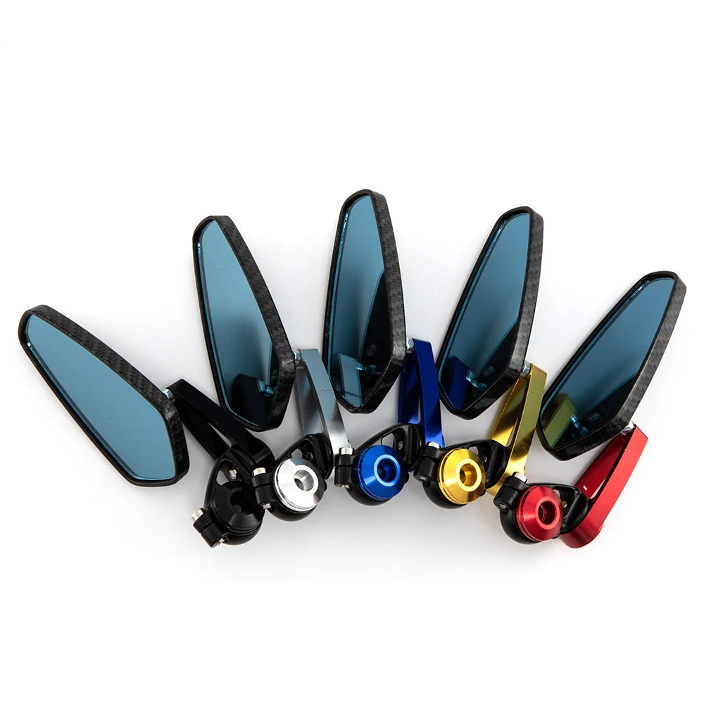 A collection of aluminum handlebar side motorcycle rearview mirrors in various colors and finishes.