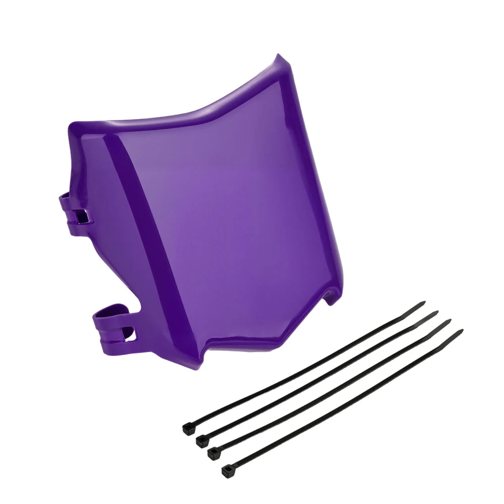 Purple motorcycle number plate cover for electric bikes with mounting rods.