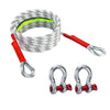 A coiled heavy duty towing rope with a red handle and silver hooks for off-road recovery