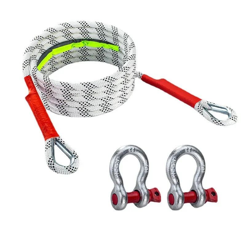 A coiled heavy duty towing rope with a red handle and silver hooks for off-road recovery