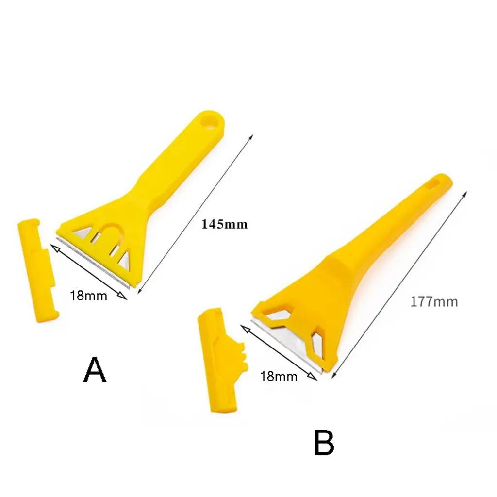 Two yellow razor scrapers shown with dimensions, one measuring 145mm and the other 177mm.