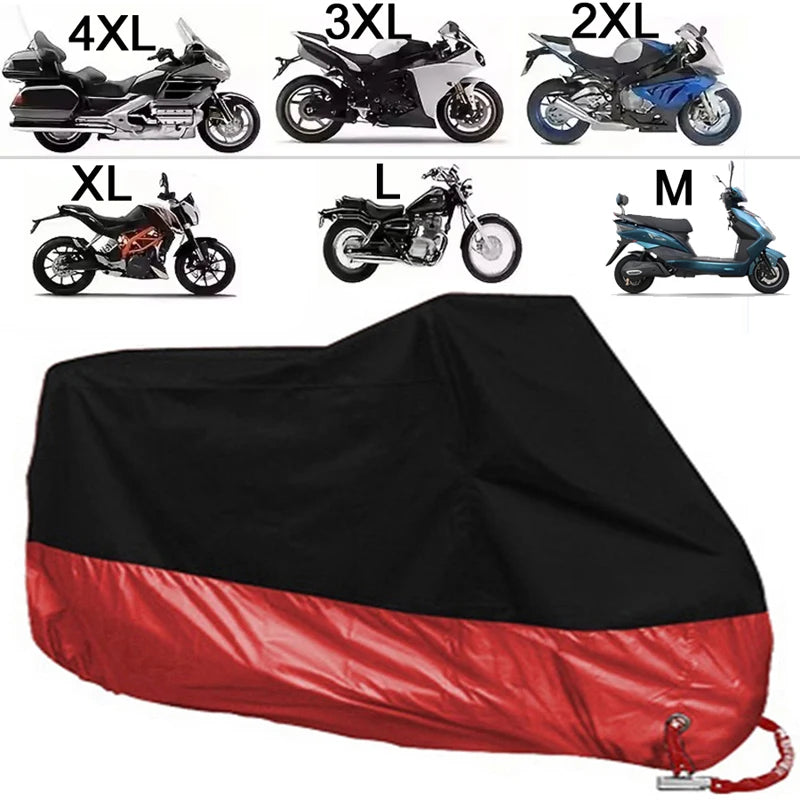 A collection of motorcycle covers in various sizes (XL to M) displayed next to a large black and red fabric cover.