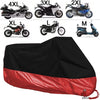 A collection of motorcycle covers in various sizes (XL to M) displayed next to a large black and red waterproof cover.
