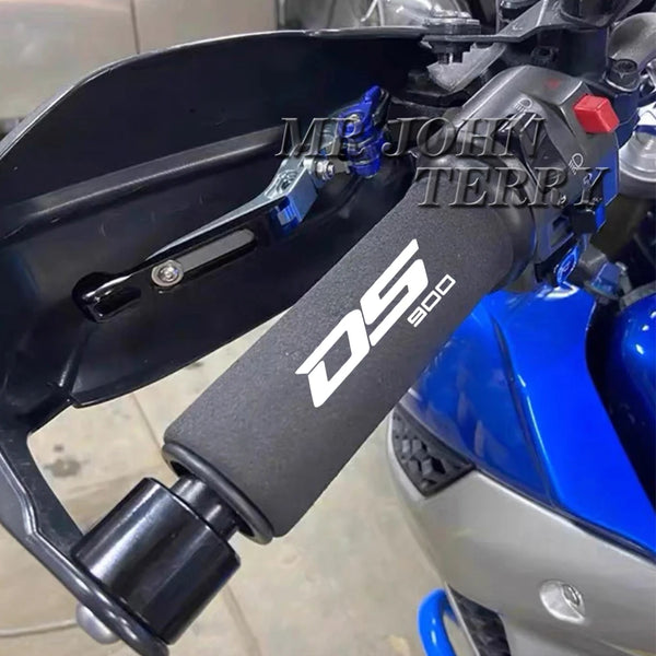 Close-up of a black motorcycle handlebar grip cover for a Voge Valico bike.