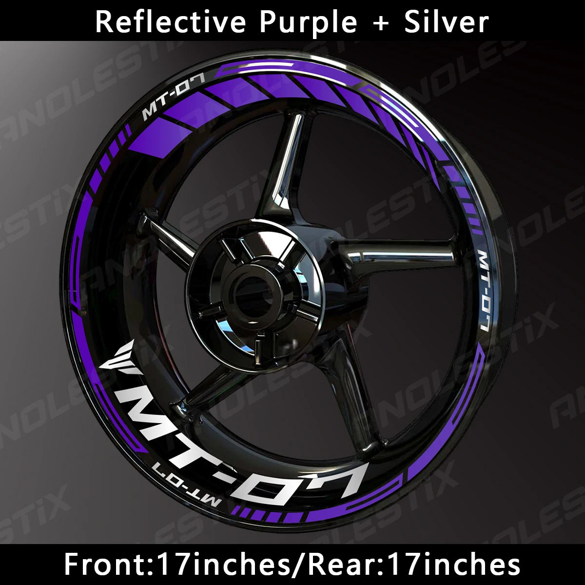 A close-up view of a motorcycle wheel featuring reflective purple and silver decals on the rim.