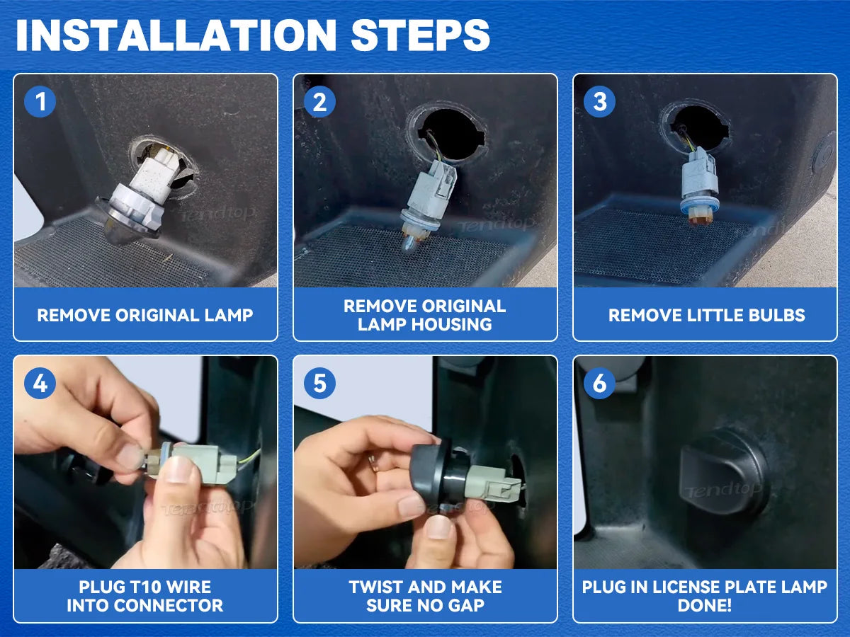 Six steps showing how to install LED license plate lights by removing the original lamp and plugging in new bulbs