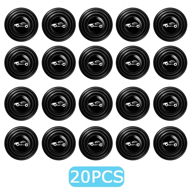 A set of twenty black car door anti-shock silicone pads for vehicle suspension.