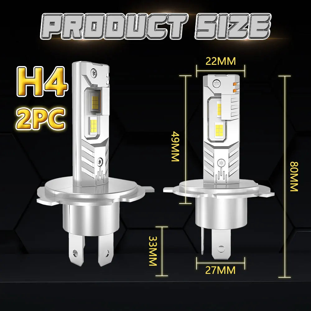 Two H4 LED car headlight conversion kits shown with dimensions and mounting parts.