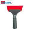 A black silicone scraper tool with a red plastic handle used for removing glass and film.