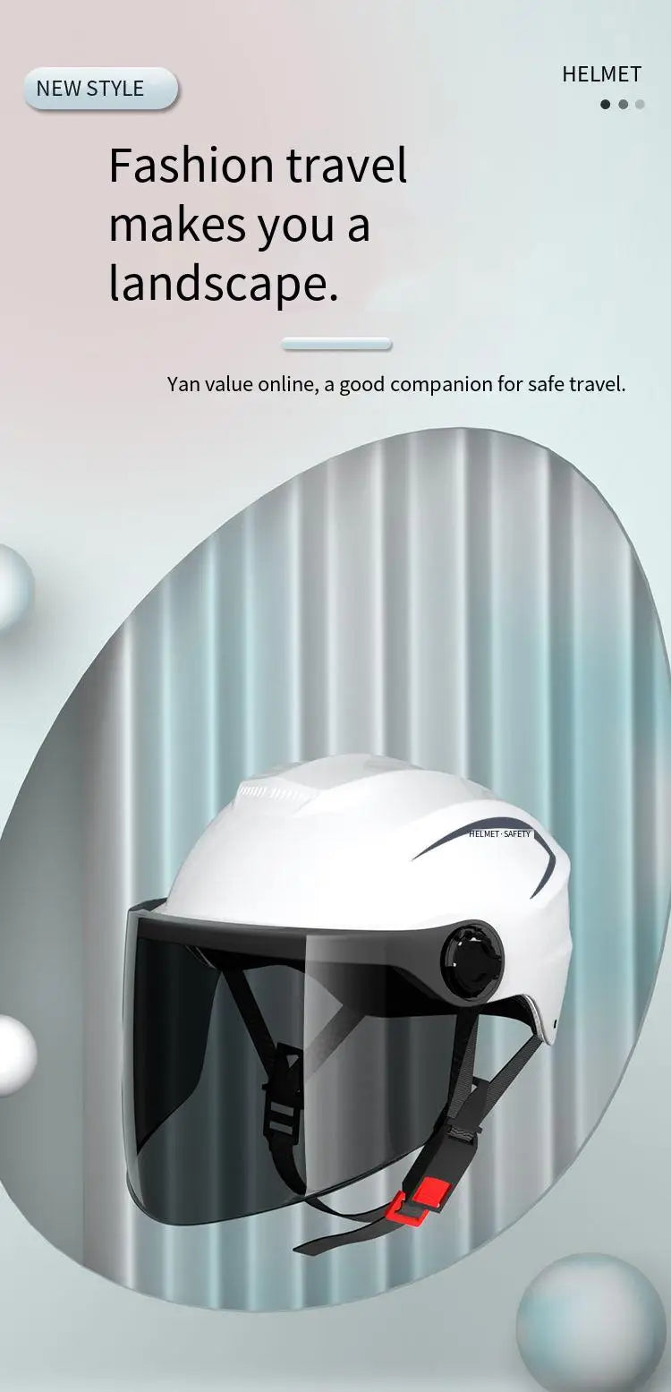 A white helmet with a dark visor is shown against a light background, suggesting safety for travel.
