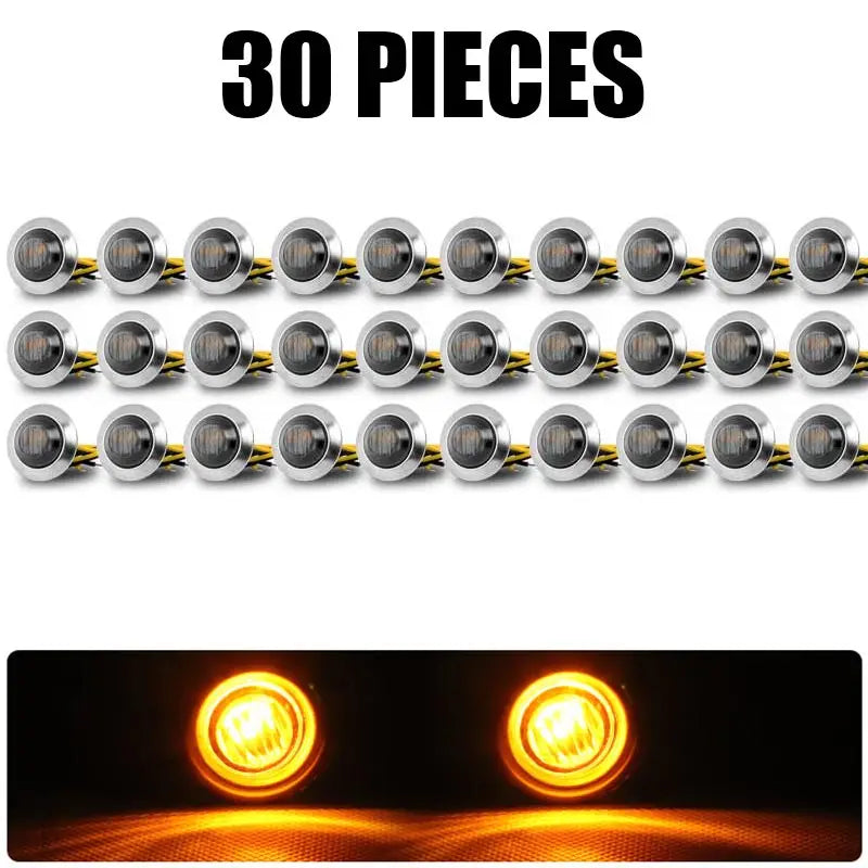 Thirty pieces of high-intensity LED marker lights arranged in a row, with close-up shots showing the bright light output.