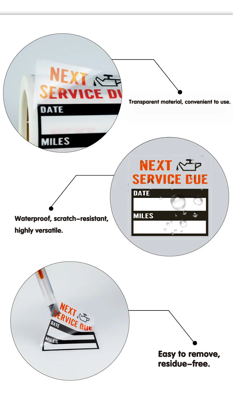 Stickers for oil change reminders showing date and miles, waterproof and residue-free.