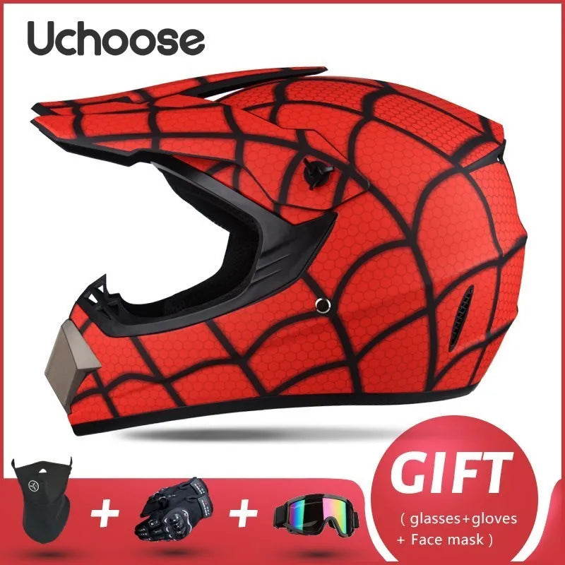 Casque de moto tout-terrain rouge à motifs avec accessoires