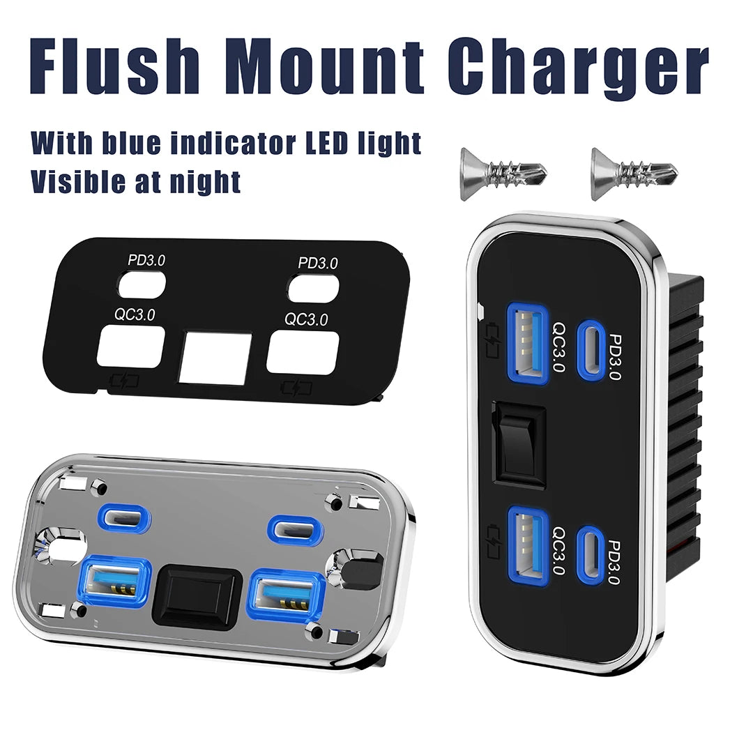 Flush mount charger with blue LED light and multiple USB ports for vehicle use
